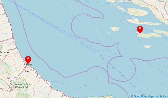 Map of ferry route between Pescara and Vela Luka